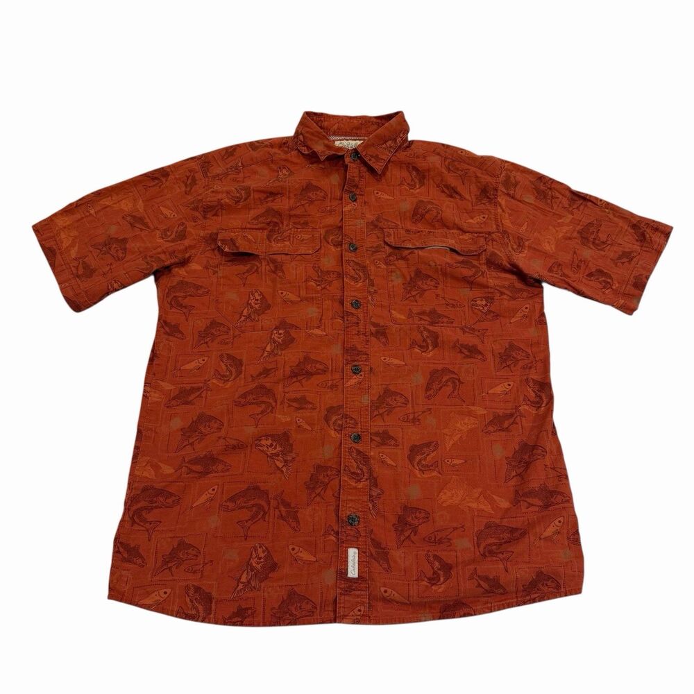 Cabela’s Mens Fishing‎ Shirt Fish Print Short Sleeve Button Front Medium Vented